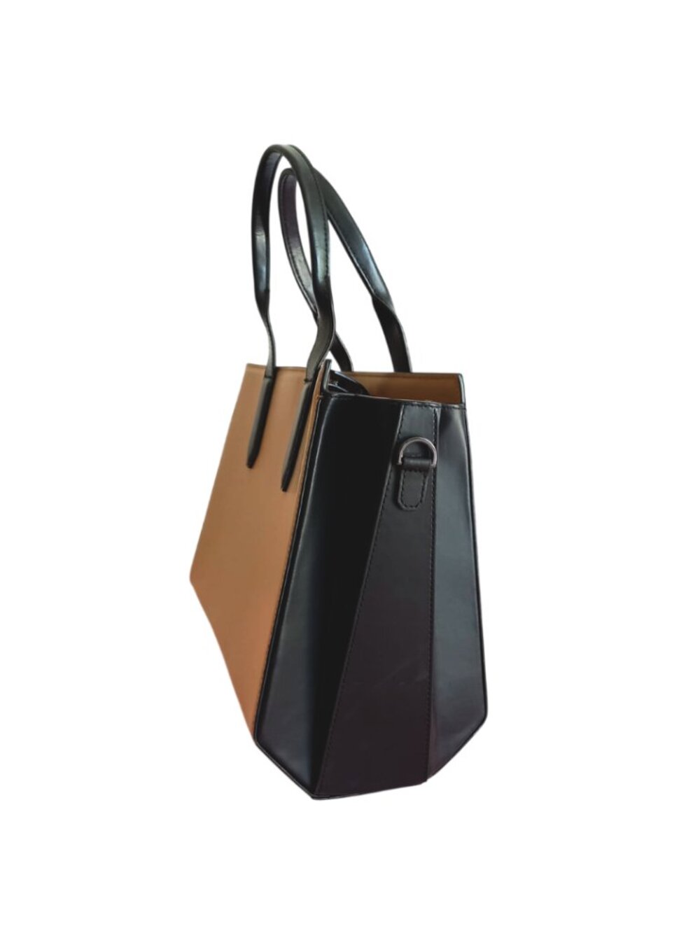 H Halston Beige Black Structured Tote Bag - Colorblock Satchel Purse - Picture 8 of 9